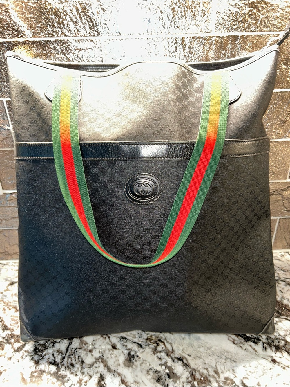 Gucci Black GG Canvas Zip Tote with Green and Red Web Straps EUC